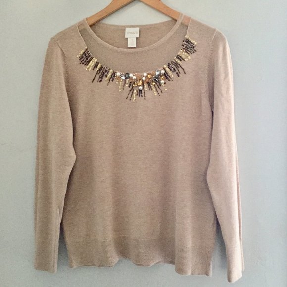 Chico's Camel Knit Sweater With Jewel Neckline Size 1(Medium) - Picture 1 of 6